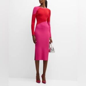 Milly Two-Tone Red and Pink Long-Sleeve Midi Dress